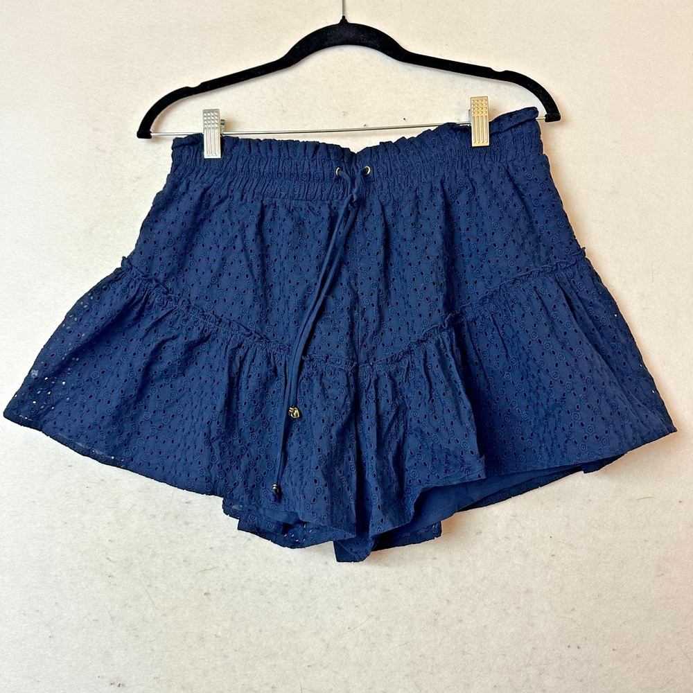 Julie Brown New York Navy Blue Eyelet Ruffle Shorts Smocked Waist Womens Large‎